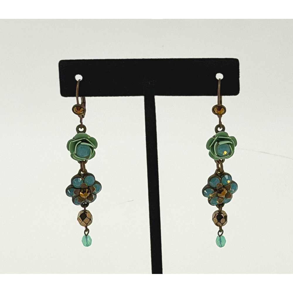 Michal Negrin Rose Floral Drop Earrings Green Blue Crystal Brass Leverback - Picture 8 of 8